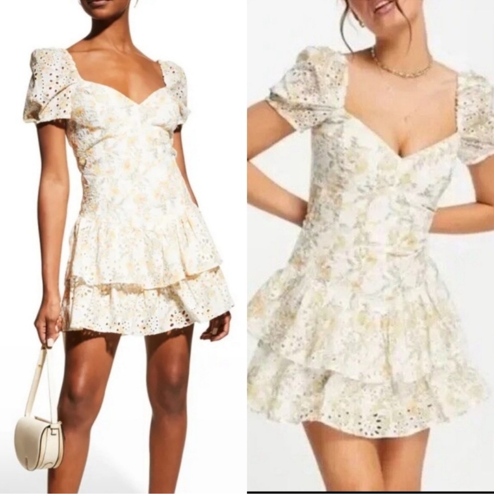 Bardot Broderie Mini Dress Corset Floral Eyelet Ruffle Puff Sleeve Lined Tiered
